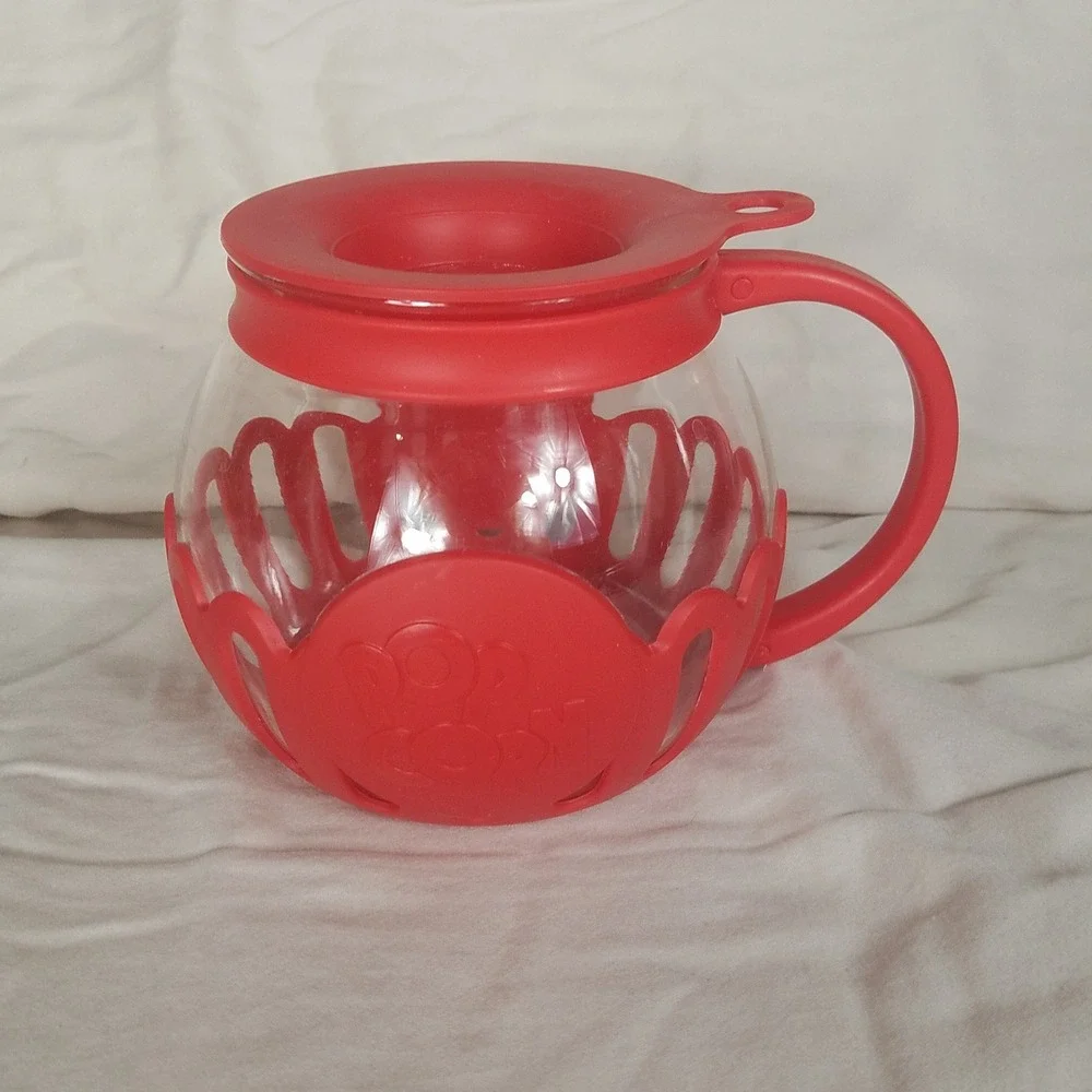Micro-Pop Microwave Popcorn Popper 1.5 Quart Red Excellent‎ Glass Silicone Lid